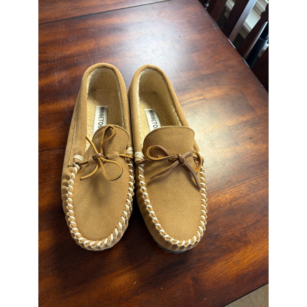 Minnetonka Cally Suede Faux Fur Lined Moccasin Slippers Tan Brown